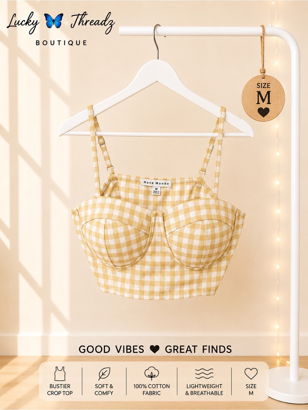 Yellow Gingham Bustier Crop Top Size Medium